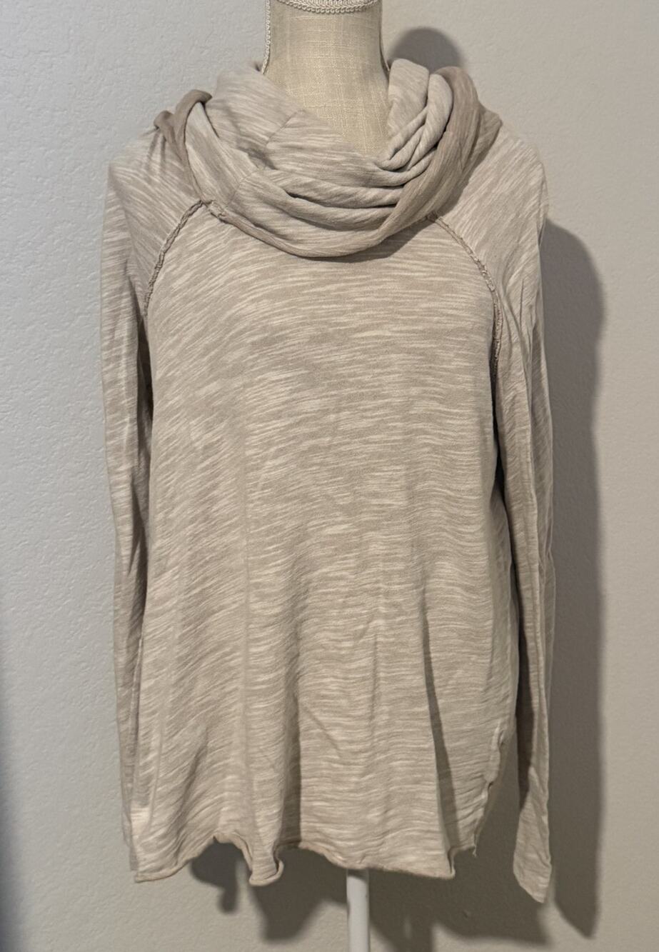 Free People Beach Cowl Neck Long Sleeve Heathered Cotton Tunic Beige Stretch